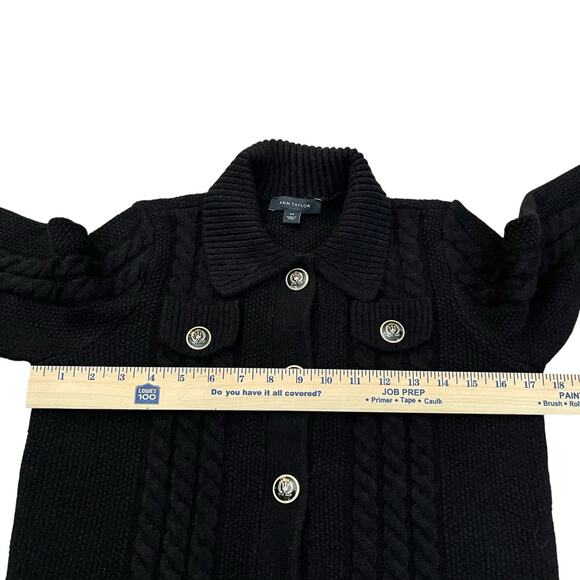 Ann Taylor Collared Cable Knit Cardigan Sweater XS Black Classic Preppy Button - Picture 6 of 8